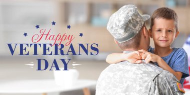 Amerikan Gaziler Günü için pankart Erkek asker ve küçük oğluyla