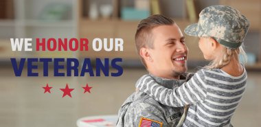 Erkek asker ve küçük kızıyla Amerikan Gaziler Günü 'nün afişi.