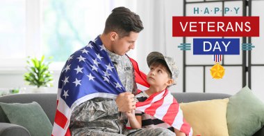 Amerikan Gaziler Günü için pankart Erkek asker ve küçük oğluyla