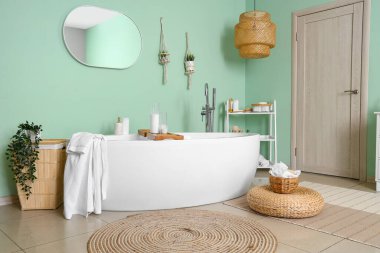 Banyonun içinde küvet, ayna ve sallanan bitkiler var.