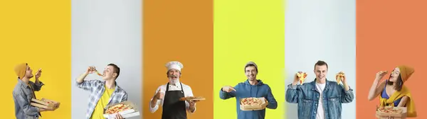 Renkli Arka Planda Lezzetli Pizzaları Olan Bir Grup Insan — Stok fotoğraf