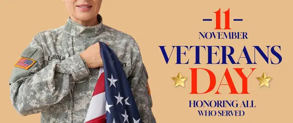 Banner for American Veterans Day with female soldier
