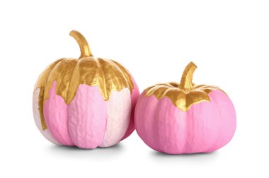 Beyaz arkaplanda farklı boyanmış balkabakları