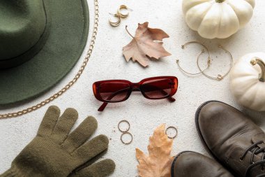 Şık bayan aksesuarları ve hafif arka planda sonbahar yaprakları olan kompozisyon