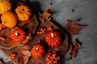 Gri arka planda balkabağı, yaban mersini ve sonbahar yaprakları şeklinde yanan mumlarla güzel bir kompozisyon.