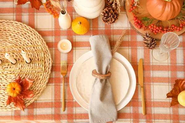 Autumn Table Setting Folded Napkin Golden Cutlery Pumpkins Closeup Stock Image