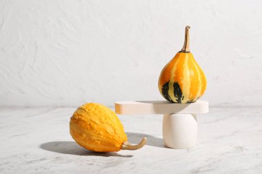 Dekoratif sıva podyumları ve beyaz grunge arka planda taze balkabakları