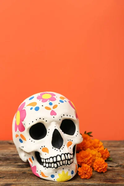 Painted Human Skull Mexico Day Dead Dia Muertos Flowers Wooden — Stock Photo, Image