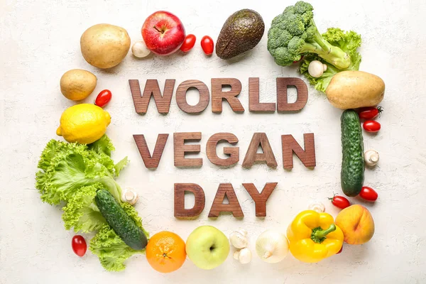 Text World Vegan Day Different Fresh Vegetables Fruits White Background — Stock Photo, Image