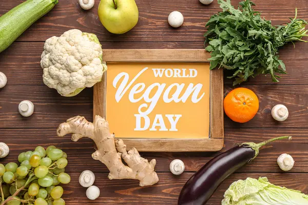 Board Text World Vegan Day Different Fresh Vegetables Wooden Background — Stock Photo, Image