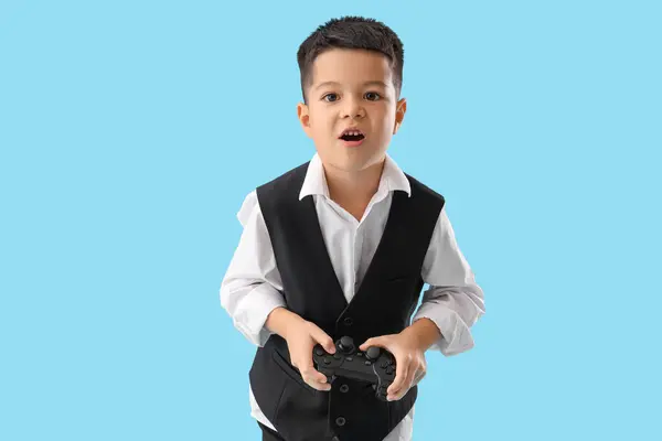 Little Asian Boy Game Pad Blue Background — Stock Photo, Image