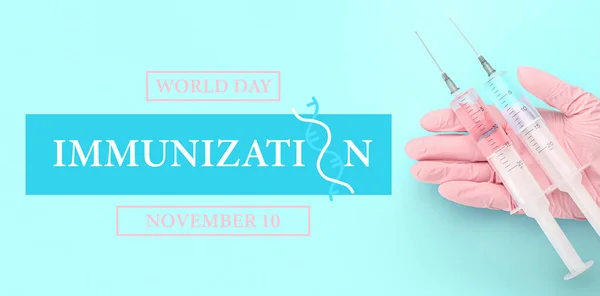 Banner for World Immunization Day with doctor\'s hand and syringes