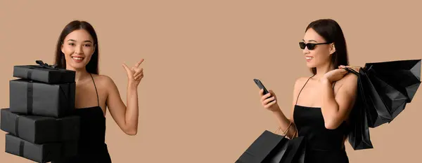 Banner with young Asian woman with gifts, mobile phone and shopping bags on beige background. Black Friday sale