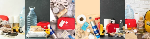 Collection of necessities for emergency bag on table