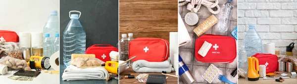 Collage of necessities for emergency bag on table
