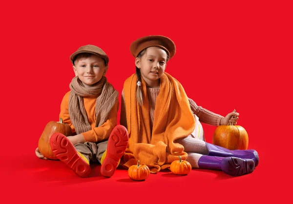 Little Children Rubber Boots Pumpkins Red Background — Stock Photo, Image