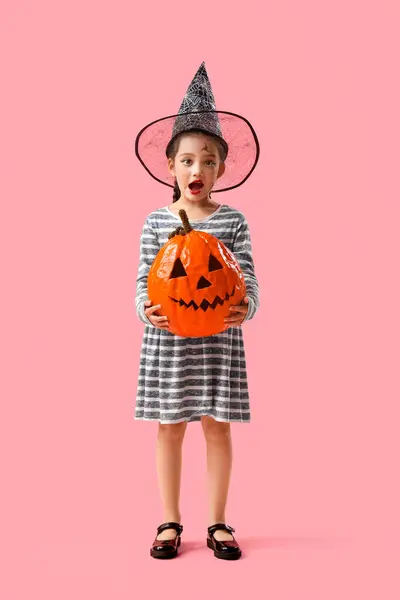 Shocked Little Girl Dressed Halloween Witch Pumpkin Pink Background — Stock Photo, Image