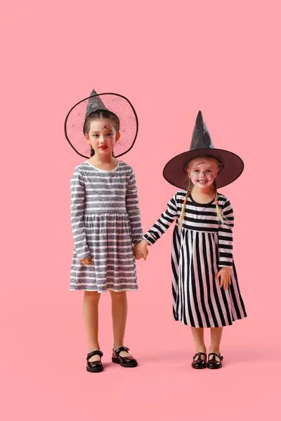 Little Girls Dressed Halloween Witches Pink Background — Stock Photo, Image