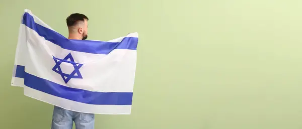 Mann Mit Der Flagge Israels Auf Hellgrünem Hintergrund Banner Für — Stockfoto