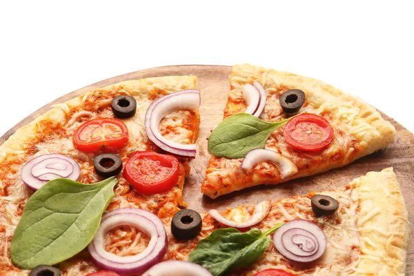 Bord Van Smakelijke Pizza Met Basilicum Tomaten Witte Achtergrond — Stockfoto