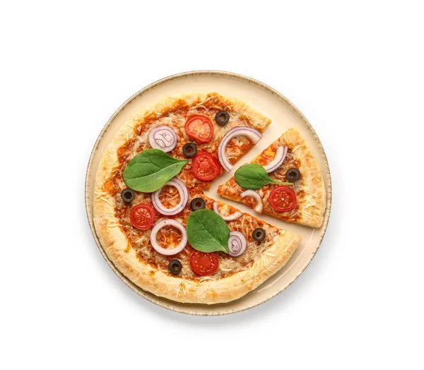 Plaat Van Lekkere Pizza Met Basilicum Tomaten Witte Achtergrond — Stockfoto