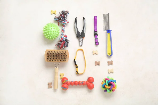 Composition with different pet care accessories and food on light background