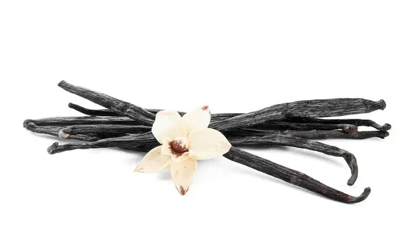 Aromatik Vanilya Çubukları Beyaz Arka Plan Üzerinde Çiçek — Stok fotoğraf