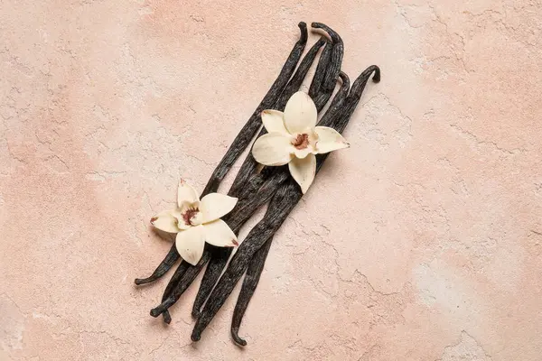 Aromatik Vanilya Çubukları Pembe Arka Planda Çiçekler — Stok fotoğraf