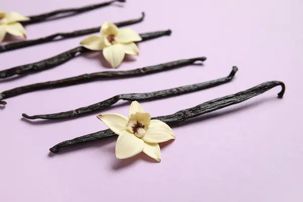 Aromatik Vanilya Çubukları Leylak Arka Planda Çiçekler — Stok fotoğraf