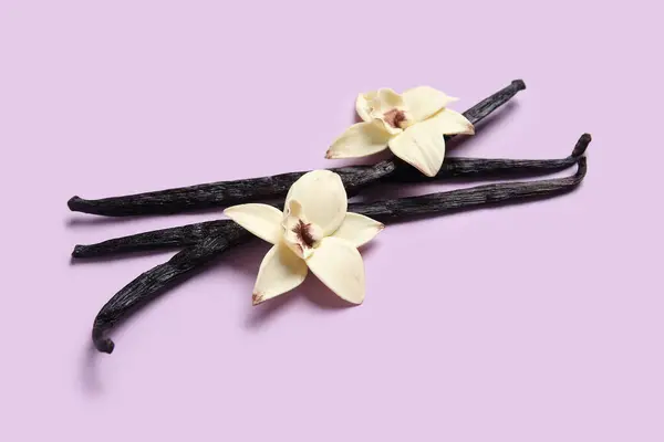 Aromatik Vanilya Çubukları Leylak Arka Planda Çiçekler — Stok fotoğraf