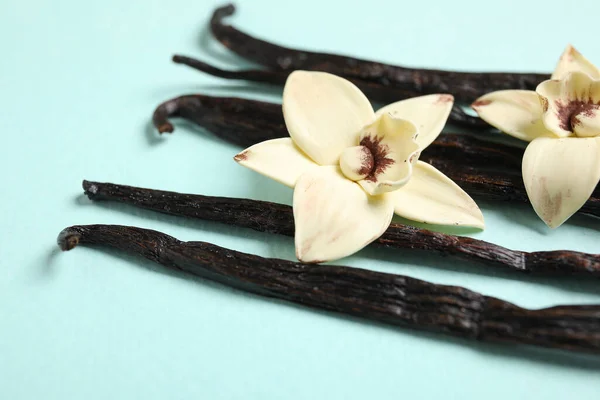 Mavi Arka Planda Aromatik Vanilya Çubukları Çiçekler — Stok fotoğraf