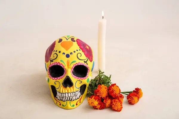 Candle Marigold Flowers Painted Skull White Background Celebration Mexico Day — Stock Photo, Image