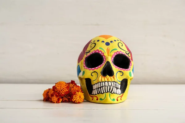 Marigold Flowers Painted Skull White Wooden Table Celebration Mexico Day — Stock Photo, Image