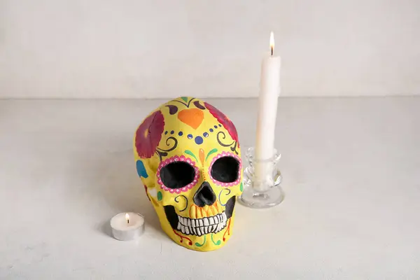 Candles Painted Skull White Grunge Background Celebration Mexico Day Dead — Stock Photo, Image