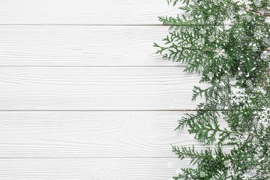 Güzel Noel ağacı dalları ve beyaz ahşap zemin üzerinde kar ve metin için boşluk