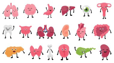 Beyaz arka planda farklı şirin insan organları ve vücut parçaları.