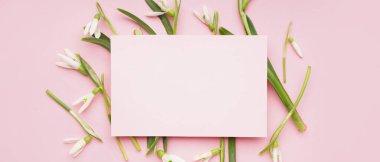 Güzel kar damlaları ve pembe arkaplanda boş bir kart 