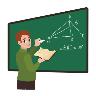 Beyaz arkaplana karşı tahtaya yazı yazan erkek matematik öğretmeni