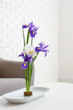 Modern oturma odasındaki masadaki güzel ikebana, yakın plan.