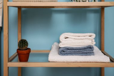 Renk duvarının yakınındaki raflarda temiz havlu ve kaktüs yığını var.