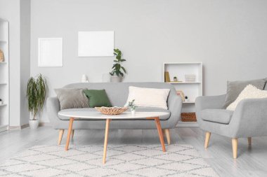 Gri kanepeli, masalı ve koltuklu aydınlık oturma odasının içi.