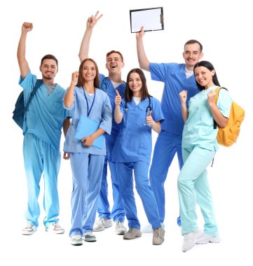 Beyaz arka planda bir grup tıp öğrencisi