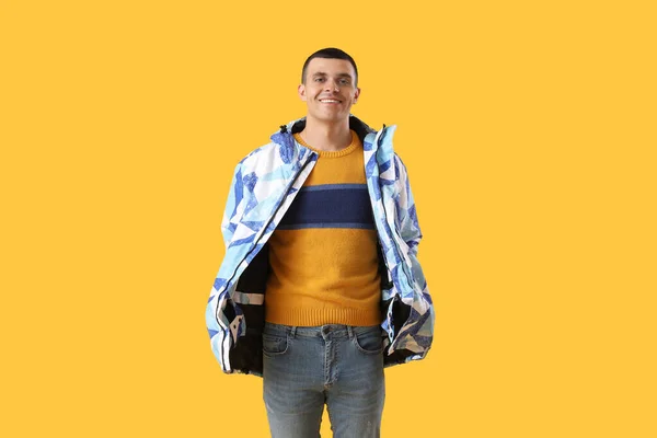 Young Man Warm Jacket Yellow Background — Stock Photo, Image