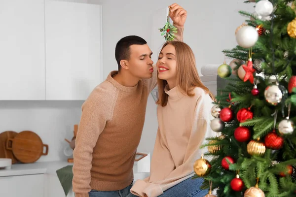 Young Couple Kissing Mistletoe Branch Kitchen — Stock Photo, Image