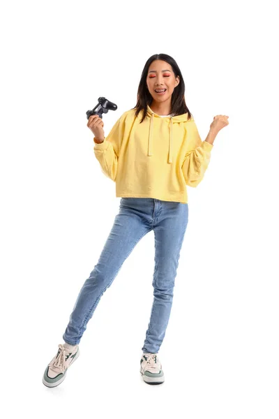 Young Asian Woman Yellow Hoodie Game Pad White Background — Stock Photo, Image