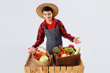 Tezgahtaki küçük çiftçi hafif arka planda taze yiyecekle