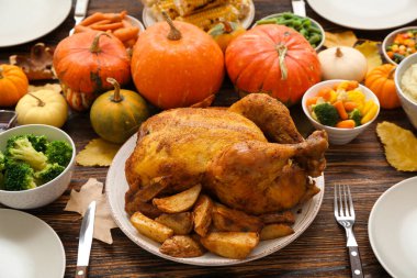 Şükran Günü için balkabaklı şenlik yemekleri. Koyu tahta arka planda.