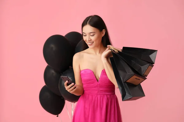 Beautiful Young Asian Woman Shopping Bags Balloons Mobile Phone Pink — Stock Photo, Image