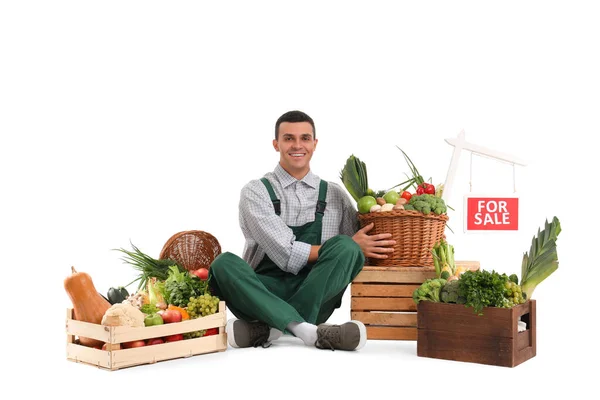 Agricultor Masculino Com Legumes Frescos Para Venda Sinal Fundo Branco — Fotografia de Stock