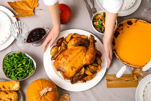 Woman Tasty Food Dining Table Thanksgiving Day Top View — Stock Photo, Image